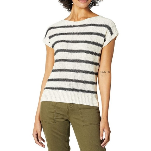 LUCKY BRAND Cream Striped Knit Sweater sz Medium - Picture 3 of 9